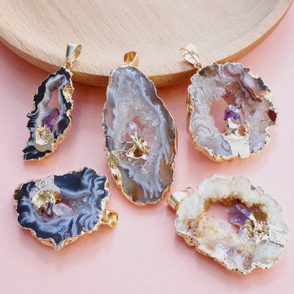 Irregular Brazil Agate Crystal Hole Inlaid Amethyst Raw Gemstone Pendant