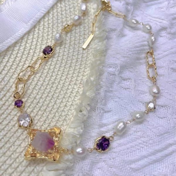 18K Sweet Cool Wind Heavy Industry Lava Amethyst Stitching Zircon Pearl Necklace