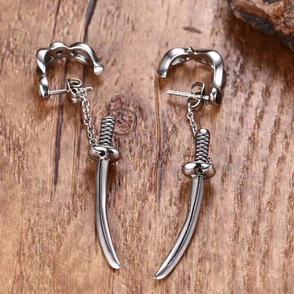 Trendy Fashion Hip Hop Punk Men's Cross Sword Chain Stud Earrings