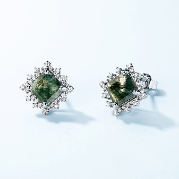 Light Luxury Green Moss Square Water Plants Agate Stud Earrings