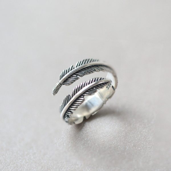 925 Sterling Silver Feather Simple Ring Retro Roman Ins Style